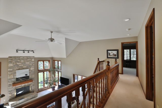5720 Loch Maree Ct, Dublin, OH 43017 - corridor with healthy amount of natural light, an upstairs landing, light carpet, rail lighting, and recessed lighting