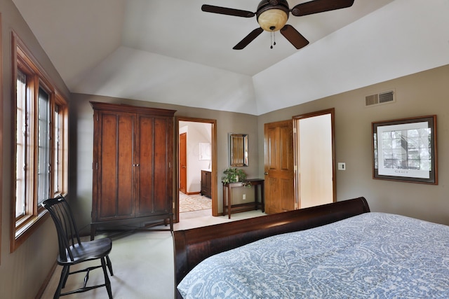 5720 Loch Maree Ct, Dublin, OH 43017 - bedroom with light colored carpet, lofted ceiling, and a ceiling fan