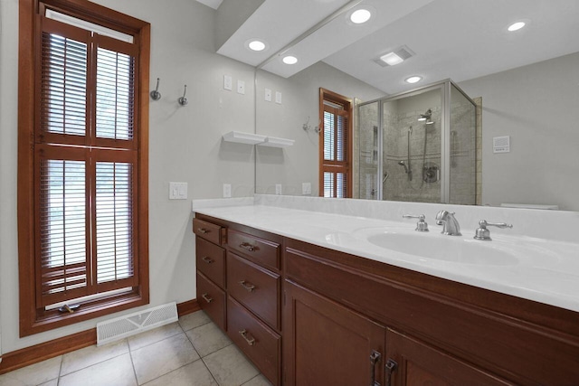 71 Denison Dr, Granville, OH 43023 - bathroom featuring tile patterned floors, a stall shower, vanity, and recessed lighting