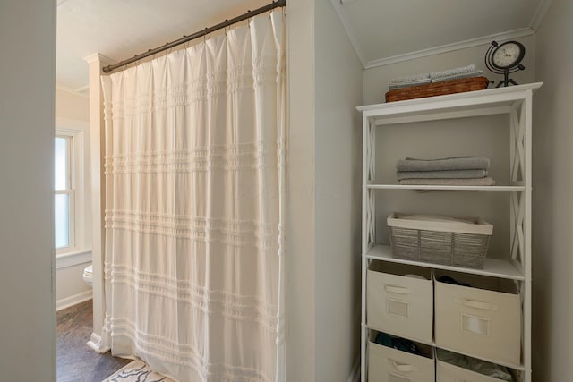 162 Watt St, Circleville, OH 43113 - full bath featuring crown molding, wood finished floors, and curtained shower