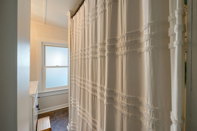 162 Watt St, Circleville, OH 43113 - bathroom featuring crown molding, vanity, and wood finished floors
