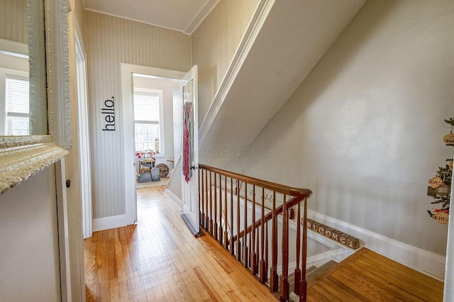 100 E Ohio Ave, Mount Vernon, OH 43050 - hall with an upstairs landing, light wood-style floors, and ornamental molding