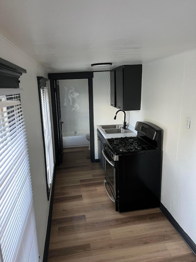 51 E N St, Newark, OH 43055 - kitchen featuring gas stove, dark cabinetry, and light wood-style flooring