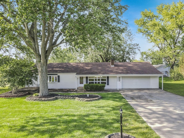 1080 Coonpath Rd NW, Lancaster, OH 43130 - single story home with a front lawn, concrete driveway, an attached garage, and a chimney