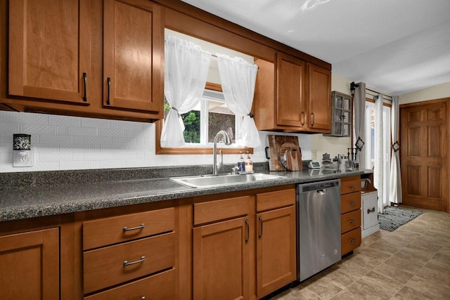 4619 Spring Hill Rd, Heath, OH 43056 - kitchen with dishwasher, brown cabinetry, tasteful backsplash, and dark countertops