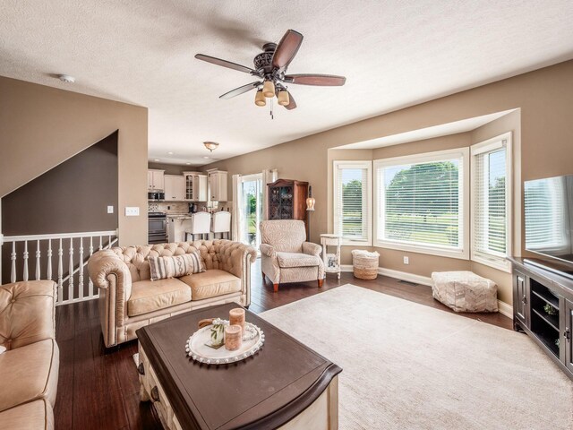 7635 Overland Trl, Delaware, OH 43015 - living area featuring ceiling fan, dark wood-type flooring, and a textured ceiling