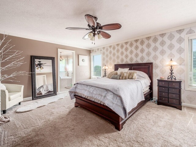 7635 Overland Trl, Delaware, OH 43015 - carpeted bedroom featuring crown molding, multiple windows, connected bathroom, a ceiling fan, and wallpapered walls