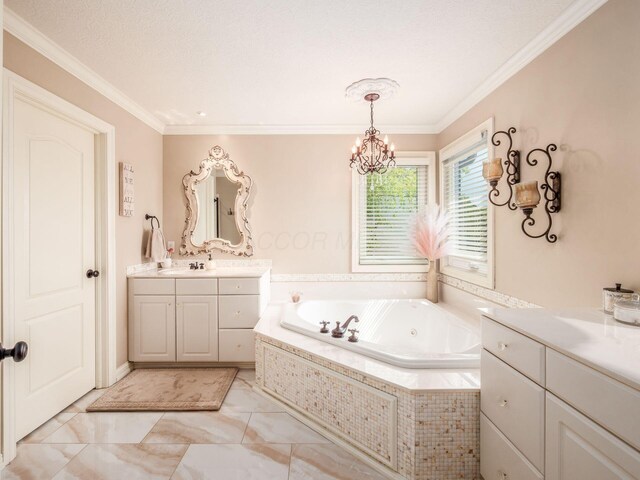 7635 Overland Trl, Delaware, OH 43015 - bathroom featuring two vanities, a tub with jets, ornamental molding, and a chandelier