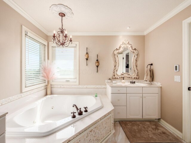 7635 Overland Trl, Delaware, OH 43015 - full bathroom with vanity, a chandelier, crown molding, and a tub with jets