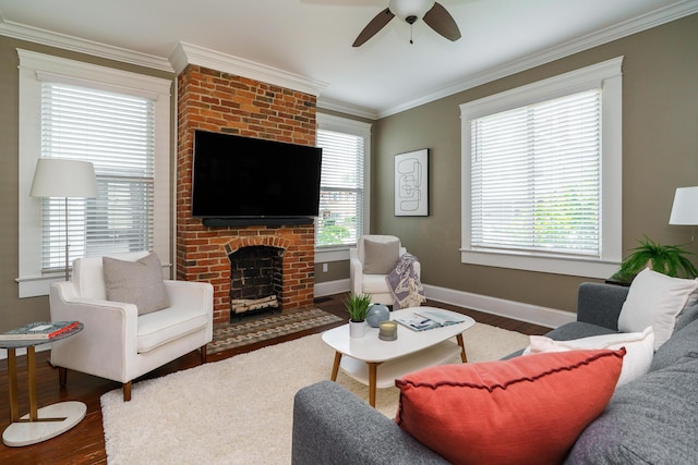 489 Elsmere St, Columbus, OH 43206 - living area featuring a ceiling fan, ornamental molding, wood finished floors, and healthy amount of natural light
