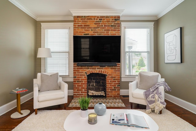 489 Elsmere St, Columbus, OH 43206 - living room featuring a fireplace, wood finished floors, and ornamental molding