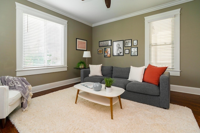 489 Elsmere St, Columbus, OH 43206 - living room featuring wood finished floors, crown molding, and ceiling fan