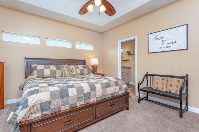 5582 Hayesville Rd, Circleville, OH 43113 - bedroom featuring light carpet, connected bathroom, and ceiling fan