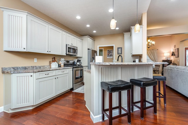 5582 Hayesville Rd, Circleville, OH 43113 - kitchen with stainless steel appliances, a breakfast bar area, dark wood-style flooring, and recessed lighting
