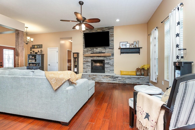 5582 Hayesville Rd, Circleville, OH 43113 - living room featuring ceiling fan, a fireplace, and wood finished floors