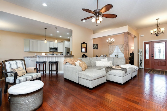 5582 Hayesville Rd, Circleville, OH 43113 - living room with a chandelier, dark wood-type flooring, a ceiling fan, and recessed lighting