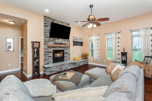5582 Hayesville Rd, Circleville, OH 43113 - living area with a ceiling fan, wood finished floors, a fireplace, and recessed lighting