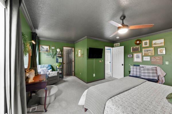 5813 Camhurst Ct, Galloway, OH 43119 - bedroom featuring ornamental molding, a textured ceiling, carpet floors, and a ceiling fan