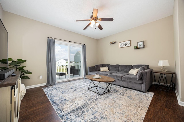 5738 Hayden Run Blvd, Dublin, OH 43016 - living room with dark wood-style floors and a ceiling fan