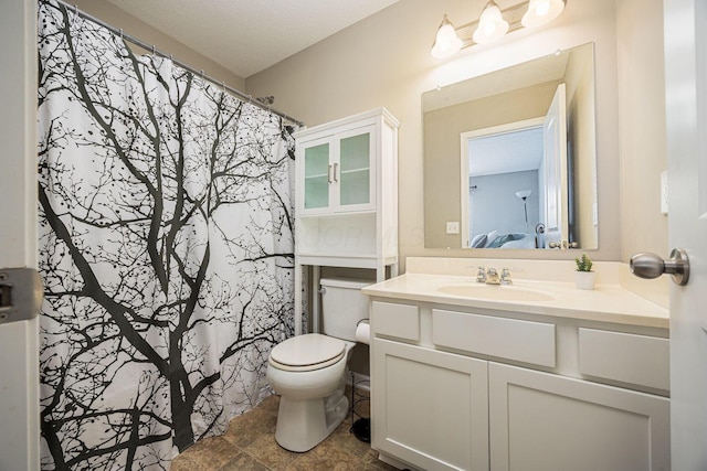 5738 Hayden Run Blvd, Dublin, OH 43016 - bathroom with vanity, curtained shower, and stone finish floors