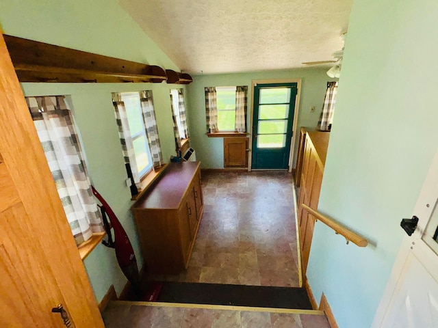298 N Vernon Ave, Newark, OH 43055 - foyer entrance with a textured ceiling, vaulted ceiling, and a ceiling fan