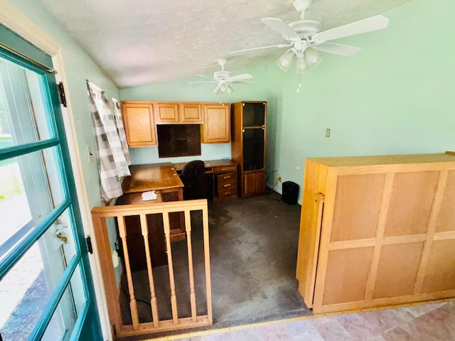 298 N Vernon Ave, Newark, OH 43055 - kitchen featuring vaulted ceiling, a ceiling fan, light brown cabinets, and a textured ceiling