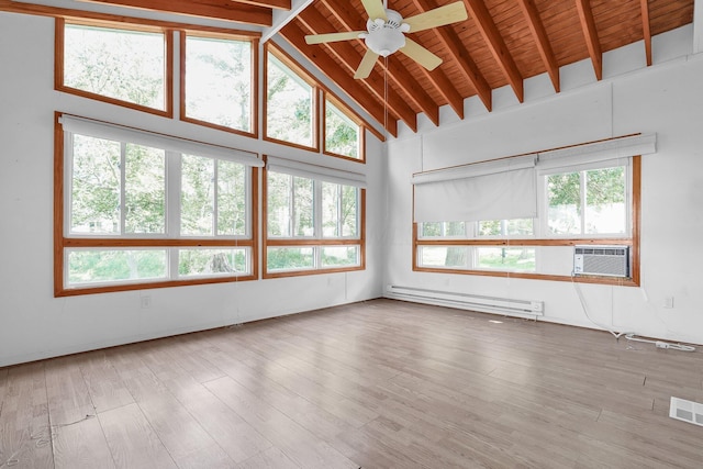 8078 Slate Ridge Blvd, Reynoldsburg, OH 43068 - spare room featuring baseboard heating, healthy amount of natural light, a ceiling fan, a wooden ceiling with exposed beams, and high vaulted ceiling