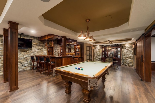 3873 Carters Corner Rd, Sunbury, OH 43074 - game room with bar area, a raised ceiling, wood-type flooring, and pool table