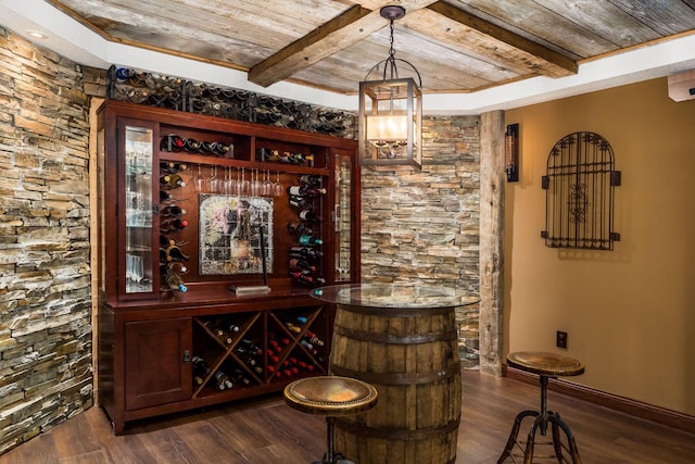 3873 Carters Corner Rd, Sunbury, OH 43074 - wine cellar with a wood ceiling with exposed beams and dark wood-type flooring