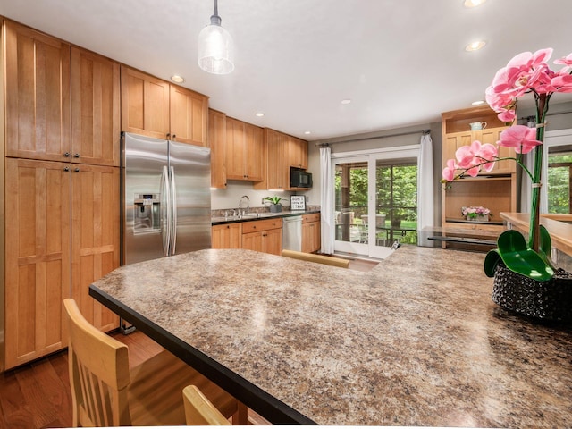 4656 Crompton Dr, Columbus, OH 43220 - kitchen featuring appliances with stainless steel finishes, healthy amount of natural light, open shelves, recessed lighting, and decorative light fixtures