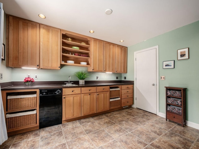 4656 Crompton Dr, Columbus, OH 43220 - kitchen featuring dishwasher, dark countertops, recessed lighting, open shelves, and light stone finish floors