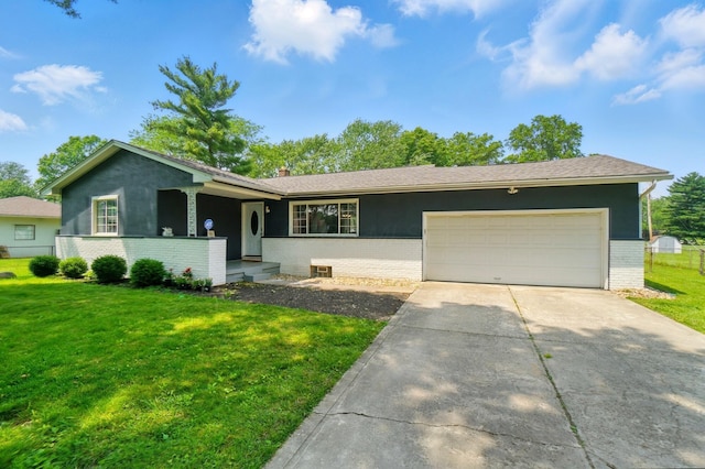 3722 Florian Dr, Columbus, OH 43219 - ranch-style home featuring brick siding, an attached garage, concrete driveway, a front yard, and a chimney