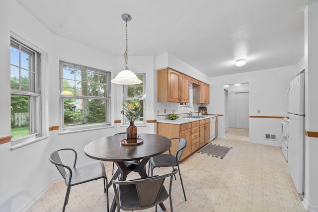 1295 Castleton Rd N, Columbus, OH 43220 - kitchen with light countertops, healthy amount of natural light, white appliances, and light carpet