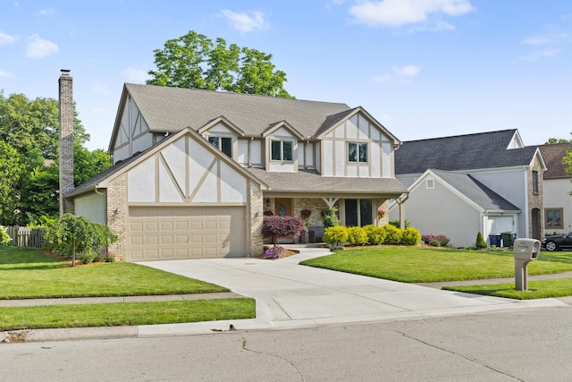 1292 Churchbell Way, Columbus, OH 43235 - tudor-style house featuring a garage, a front lawn, concrete driveway, a chimney, and roof with shingles