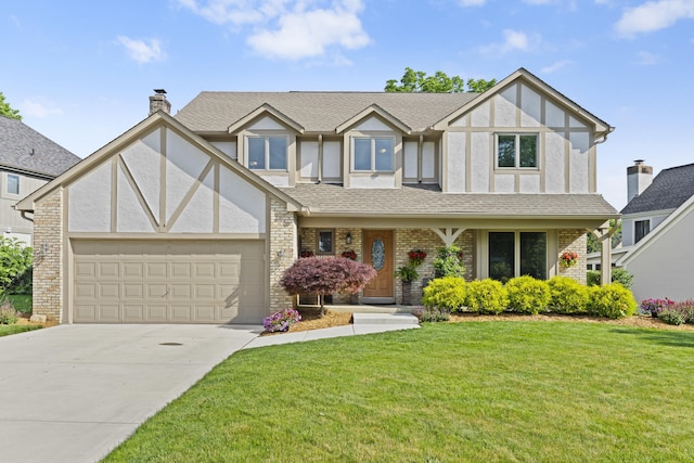 1292 Churchbell Way, Columbus, OH 43235 - tudor home with a chimney, driveway, stucco siding, and a front lawn