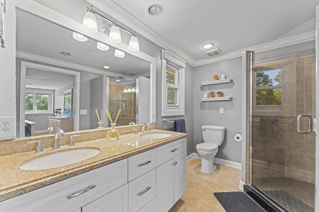 1292 Churchbell Way, Columbus, OH 43235 - bathroom with double vanity, a shower stall, ornamental molding, tile patterned floors, and recessed lighting