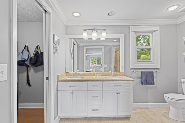 1292 Churchbell Way, Columbus, OH 43235 - full bath featuring double vanity, ornamental molding, plenty of natural light, a shower, and recessed lighting