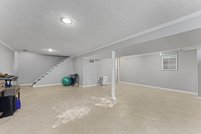 1292 Churchbell Way, Columbus, OH 43235 - finished basement with a textured ceiling, crown molding, light tile patterned floors, stairs, and recessed lighting