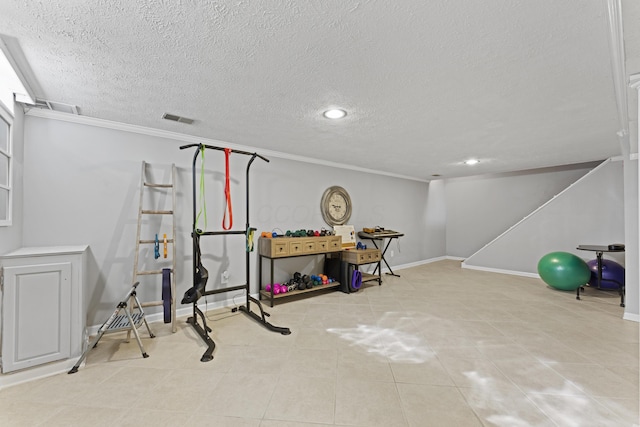 1292 Churchbell Way, Columbus, OH 43235 - exercise area featuring crown molding, a textured ceiling, recessed lighting, and tile patterned flooring