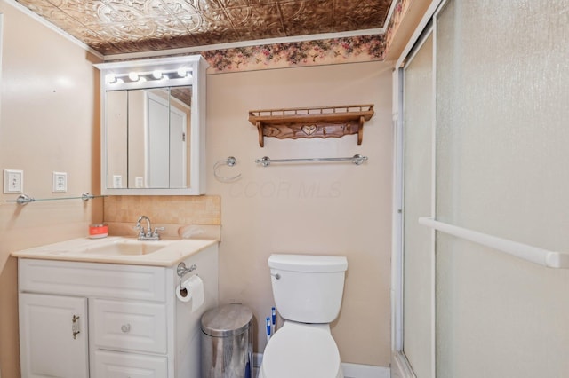 1853 Shasta Dr, Lancaster, OH 43130 - bathroom featuring an ornate ceiling, vanity, a stall shower, tasteful backsplash, and crown molding