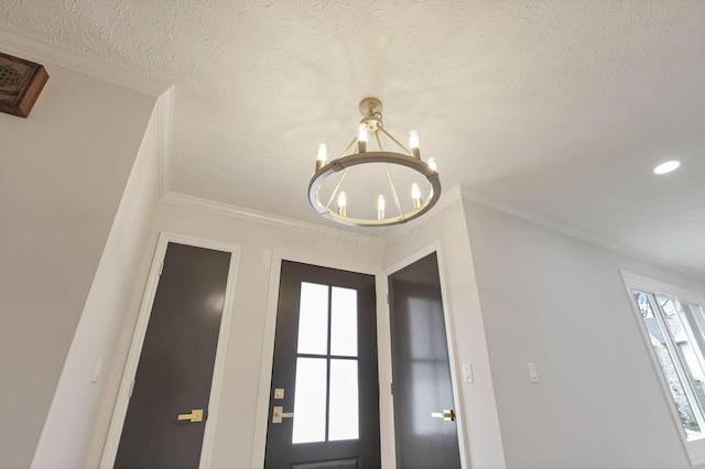 5200 Colt Ct, Westerville, OH 43081 - detailed view of a chandelier, a textured ceiling, recessed lighting, and ornamental molding