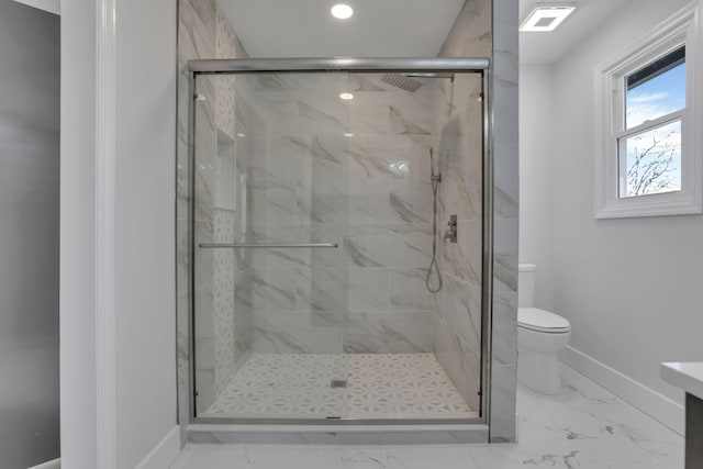 5200 Colt Ct, Westerville, OH 43081 - full bath featuring marble look tile flooring, a stall shower, recessed lighting, and vanity