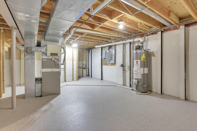 5200 Colt Ct, Westerville, OH 43081 - unfinished basement featuring gas water heater, electric panel, heating unit, and concrete block wall