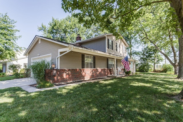 691 Heritage Blvd, Delaware, OH 43015 - view of front of home featuring an attached garage, brick siding, a porch, a chimney, and a front lawn