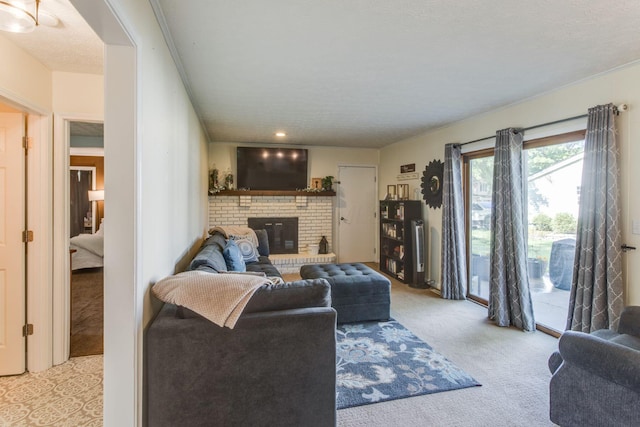 691 Heritage Blvd, Delaware, OH 43015 - living area featuring carpet floors and a brick fireplace