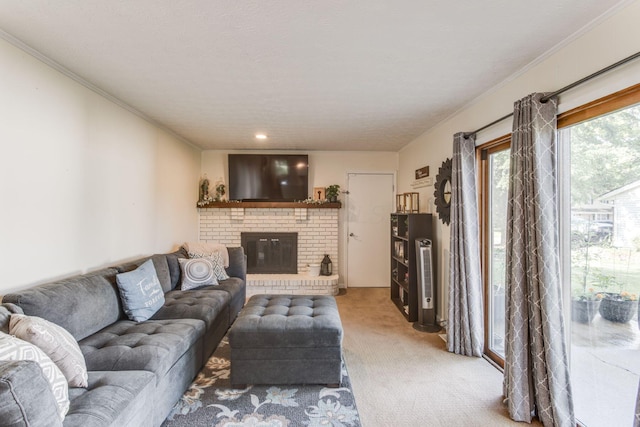 691 Heritage Blvd, Delaware, OH 43015 - carpeted living room featuring ornamental molding and a fireplace