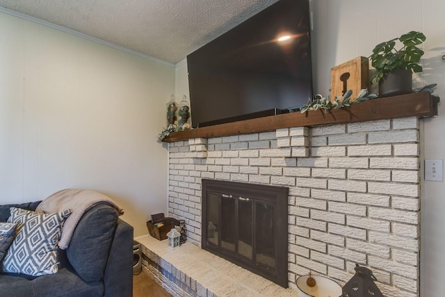 691 Heritage Blvd, Delaware, OH 43015 - detailed view of a textured ceiling, carpet floors, a brick fireplace, and crown molding