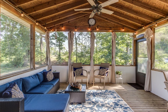 691 Heritage Blvd, Delaware, OH 43015 - sunroom / solarium featuring ceiling fan, lofted ceiling, and an outdoor hangout area