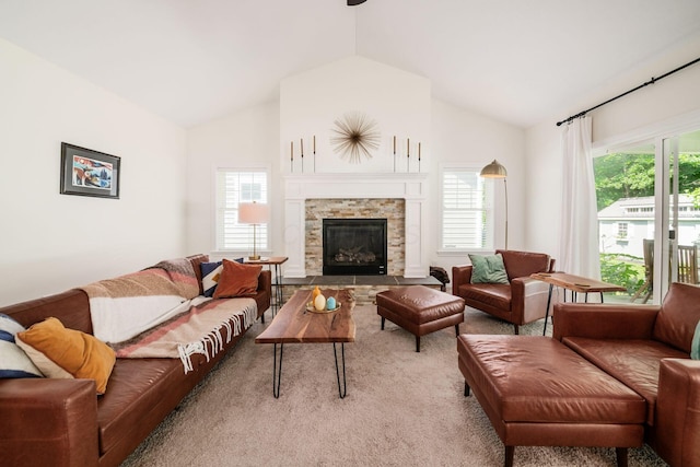 174 Grand Ridge Ct, Gahanna, OH 43230 - living room with lofted ceiling and a stone fireplace