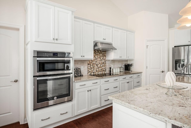 174 Grand Ridge Ct, Gahanna, OH 43230 - kitchen with stainless steel appliances, under cabinet range hood, backsplash, white cabinets, and light stone counters
